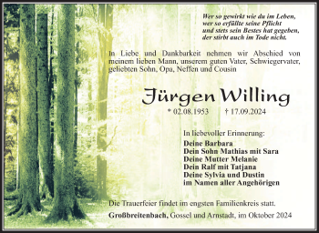 Traueranzeige von Jürgen Willing von Südthüringer Presse