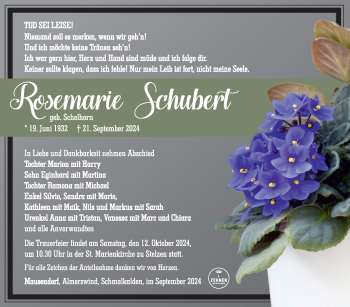 Traueranzeige von Rosemarie Schubert von Südthüringer Presse
