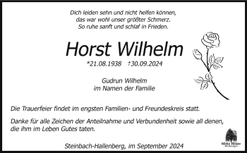 Traueranzeige von Horst Wilhelm von Südthüringer Presse