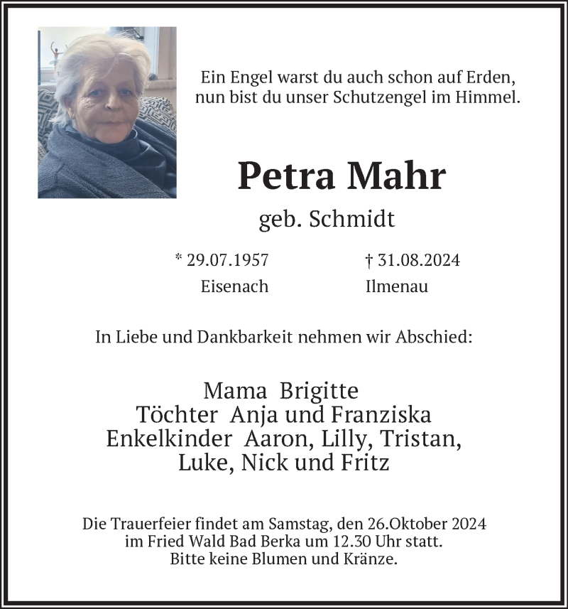  Traueranzeige für Petra Mahr vom 19.10.2024 aus Südthüringer Presse