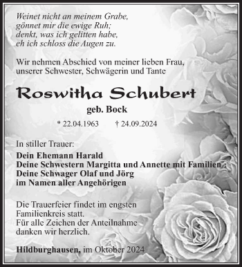 Traueranzeige von Roswitha Schuberth von Südthüringer Presse