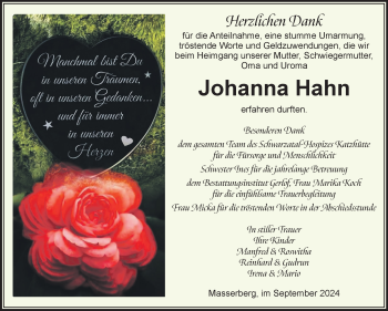 Traueranzeige von Johanna Hahn von Südthüringer Presse