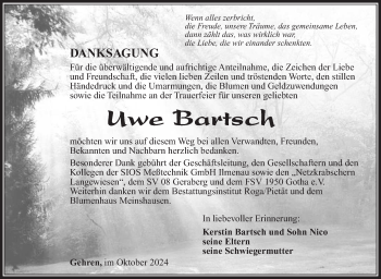 Traueranzeige von Uwe Bartsch von Südthüringer Presse