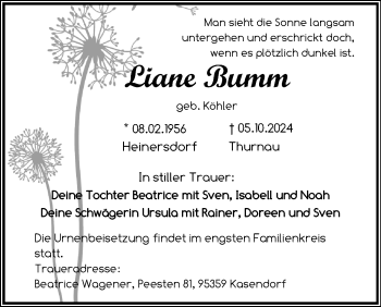 Traueranzeige von Liane Bumm von Südthüringer Presse