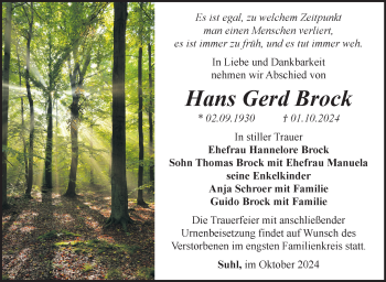 Traueranzeige von Hans Gerd Brock von Südthüringer Presse