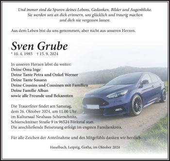 Traueranzeige von Sven Grube von Südthüringer Presse