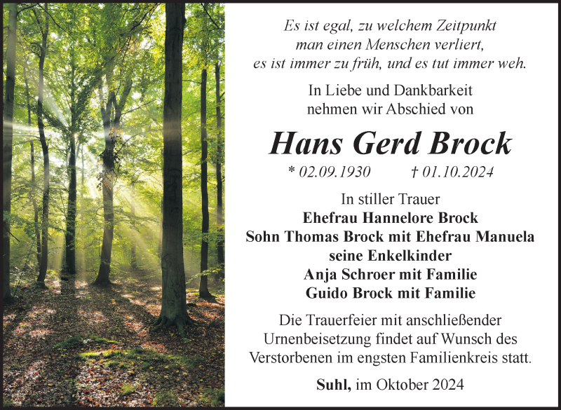  Traueranzeige für Hans Gerd Brock vom 19.10.2024 aus Südthüringer Presse