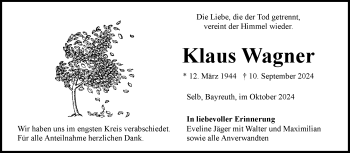 Traueranzeige von Klaus Wagner von Frankenpost