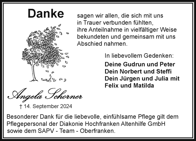  Traueranzeige für Angela Schorner vom 12.10.2024 aus Frankenpost