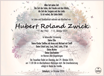 Traueranzeige von Hubert Zwick von Südthüringer Presse