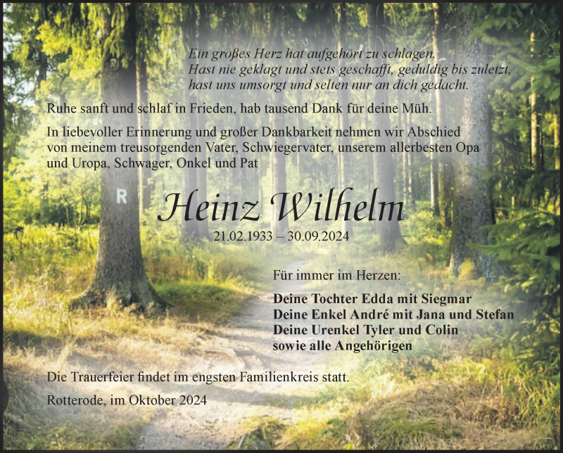  Traueranzeige für Heinz Wilhelm vom 16.10.2024 aus Südthüringer Presse