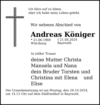 Traueranzeige von Andreas Königer von Frankenpost