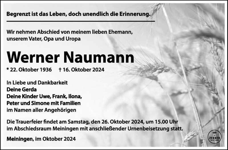  Traueranzeige für Werner Naumann vom 19.10.2024 aus Südthüringer Presse
