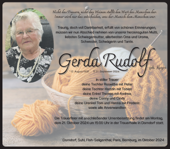 Traueranzeige von Gerda Rudolf von Südthüringer Presse