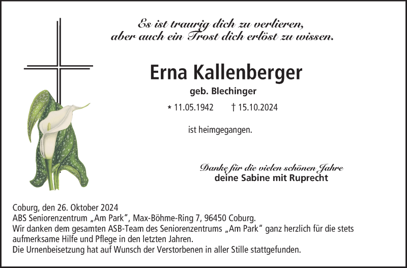  Traueranzeige für Erna Kallenberger vom 26.10.2024 aus Neue Presse Coburg