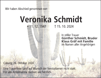 Traueranzeige von Veronika Schmidt von Neue Presse Coburg