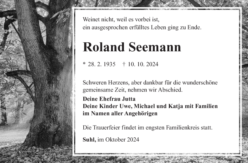  Traueranzeige für Roland Seemann vom 19.10.2024 aus Südthüringer Presse