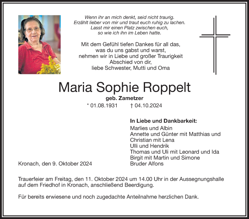  Traueranzeige für Maria Sophie Roppelt vom 09.10.2024 aus Neue Presse Coburg