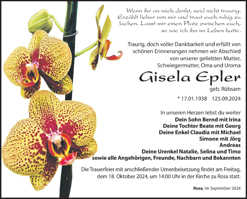  Traueranzeige für Gisela Epler vom 12.10.2024 aus Südthüringer Presse