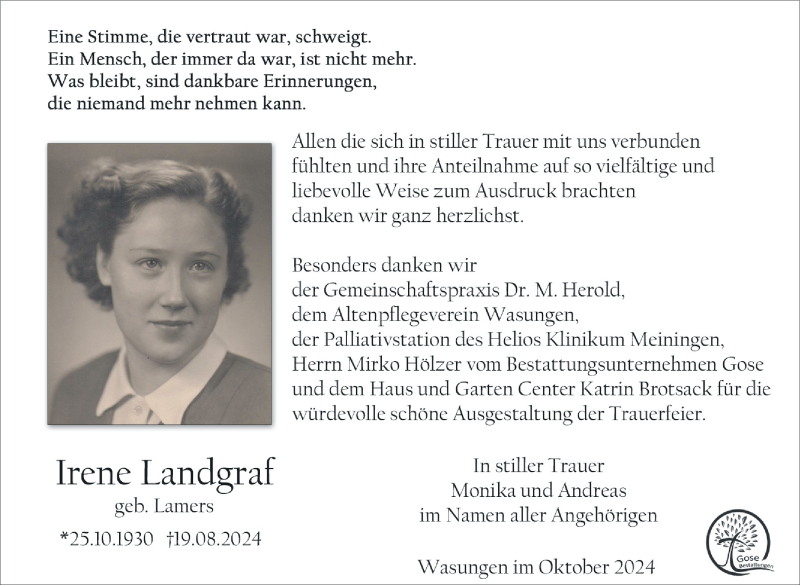  Traueranzeige für Irene Landgraf vom 12.10.2024 aus Südthüringer Presse
