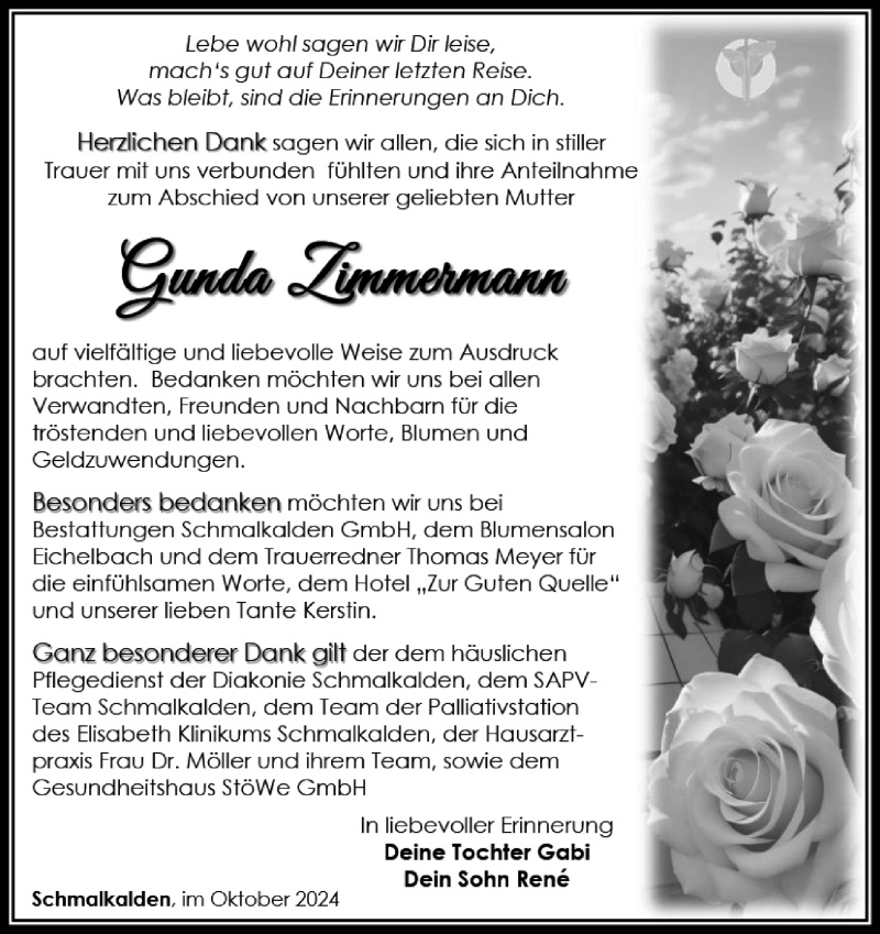  Traueranzeige für Gunda Zimmermann vom 18.10.2024 aus Südthüringer Presse