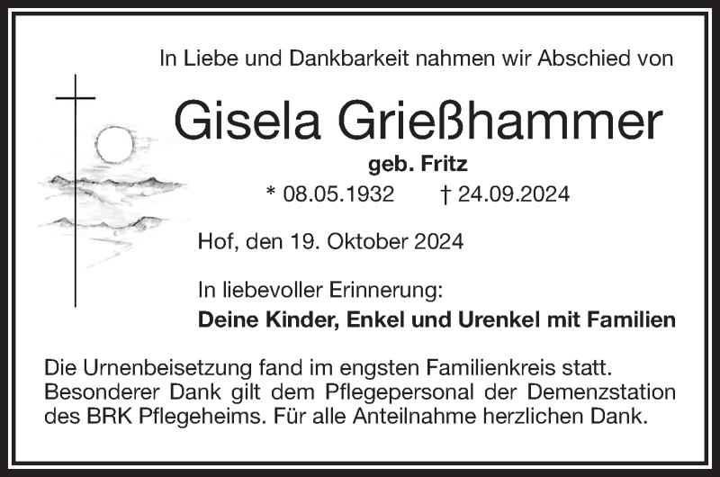  Traueranzeige für Gisela Grießhammer vom 19.10.2024 aus Frankenpost
