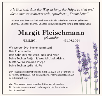 Traueranzeige von Margit Fleischmann von Südthüringer Presse