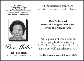 Traueranzeige von Pia Mohr von Südthüringer Presse