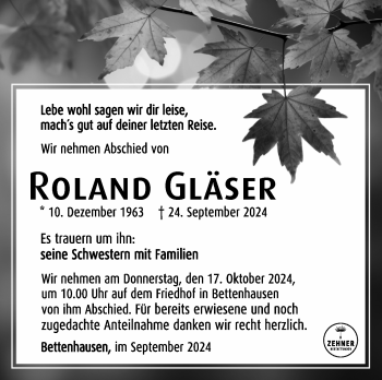 Traueranzeige von Roland Gläser von Südthüringer Presse