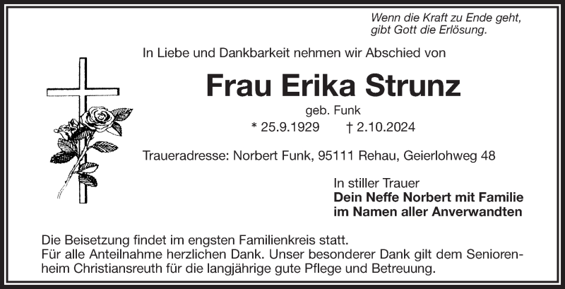  Traueranzeige für Erika Strunz vom 19.10.2024 aus Frankenpost