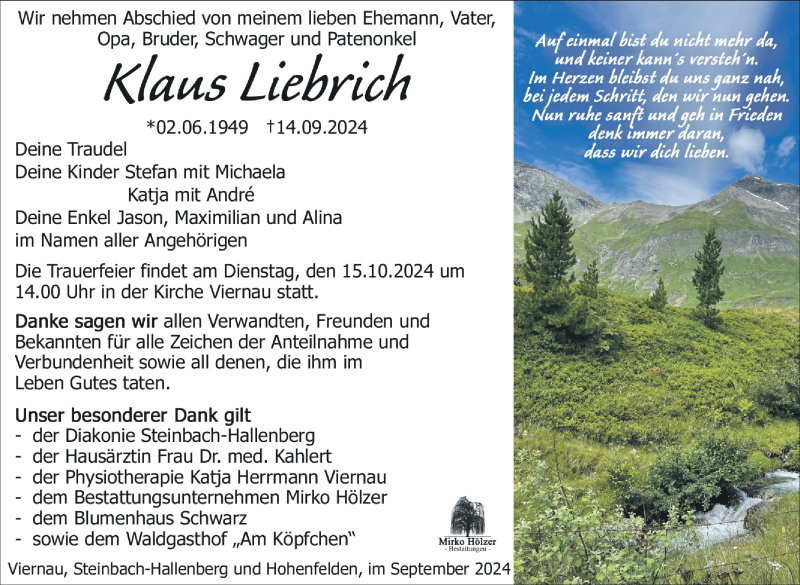  Traueranzeige für Klaus Liebrich vom 05.10.2024 aus Südthüringer Presse
