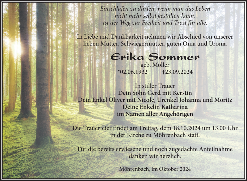  Traueranzeige für Erika Sommer vom 12.10.2024 aus Südthüringer Presse