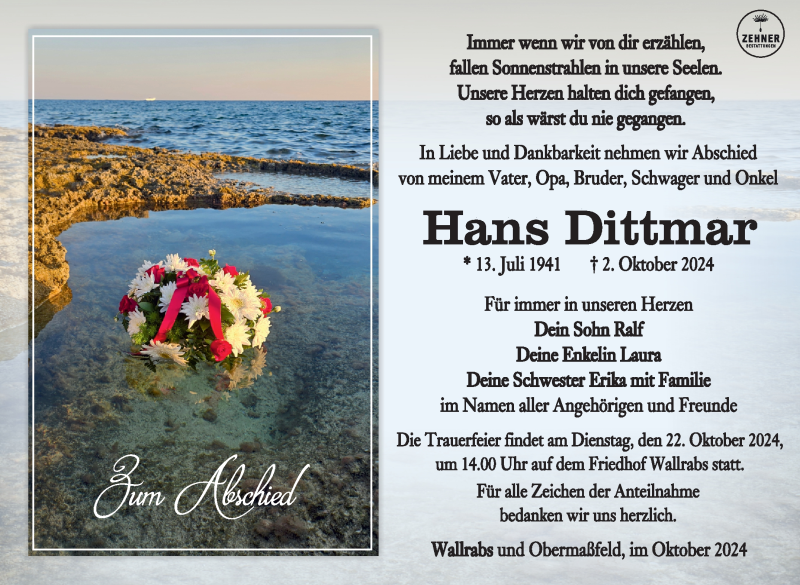  Traueranzeige für Hans Dittmar vom 12.10.2024 aus Südthüringer Presse