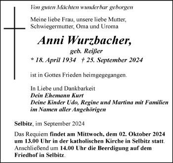 Traueranzeige von Anni Wurzbacher von Frankenpost
