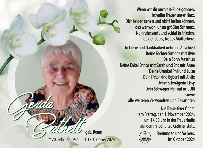  Traueranzeige für Gerda Bathelt vom 26.10.2024 aus Südthüringer Presse