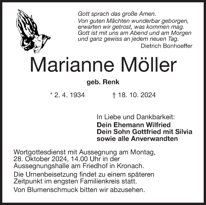  Traueranzeige für Marianne Möller vom 23.10.2024 aus Neue Presse Coburg