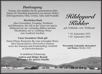 Traueranzeige von Hildegard Köhler von Südthüringer Presse