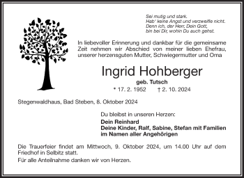 Traueranzeige von Ingrid Hohberger von Frankenpost