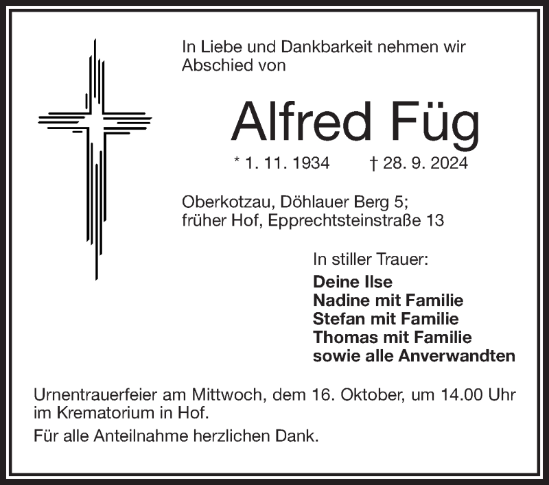  Traueranzeige für Alfred Füg vom 12.10.2024 aus Frankenpost