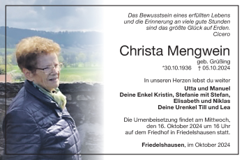 Traueranzeige von Christa Mengwein von Südthüringer Presse