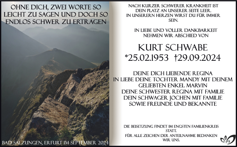  Traueranzeige für Kurt Schwabe vom 12.10.2024 aus Südthüringer Presse