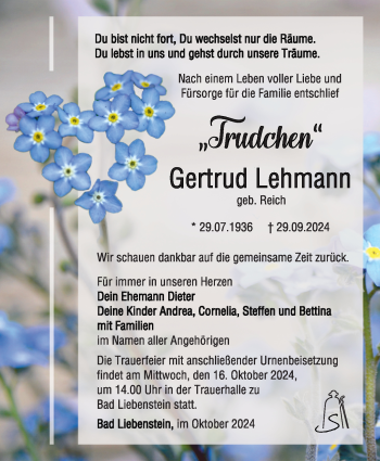 Traueranzeige von Gertrud Lehmann von Südthüringer Presse