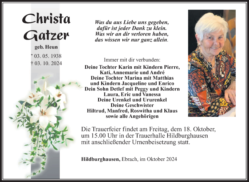  Traueranzeige für Christine Gatzer vom 10.10.2024 aus Südthüringer Presse