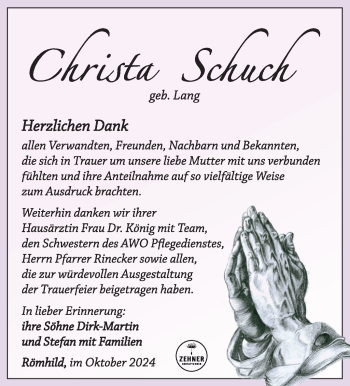 Traueranzeige von Christa Schuch von Südthüringer Presse