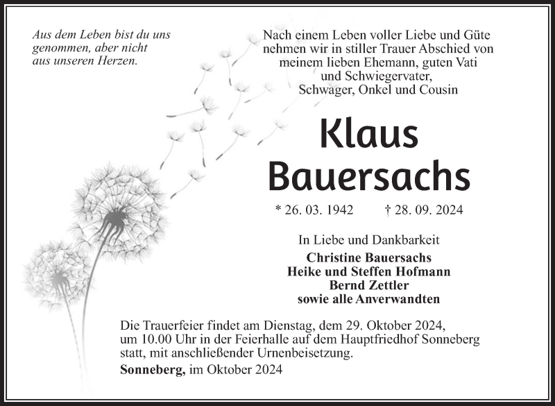  Traueranzeige für Klaus Bauersachs vom 12.10.2024 aus Südthüringer Presse