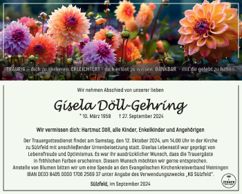 Traueranzeige von Gisela Döll-Gehring von Südthüringer Presse