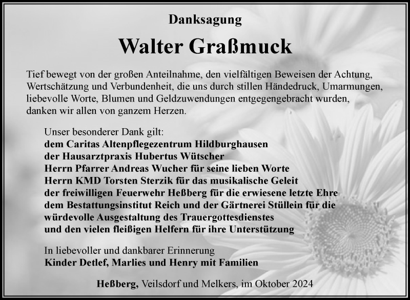  Traueranzeige für Walter Graßmuck vom 12.10.2024 aus Südthüringer Presse