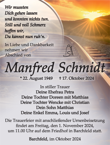 Traueranzeige von Manfred Schmidt von Südthüringer Presse