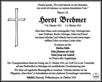 Traueranzeige von Horst Brehmer von Südthüringer Presse