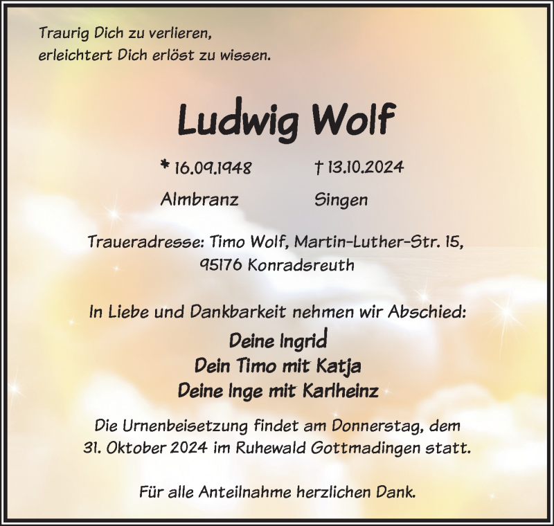  Traueranzeige für Ludwig Wolf vom 19.10.2024 aus Frankenpost